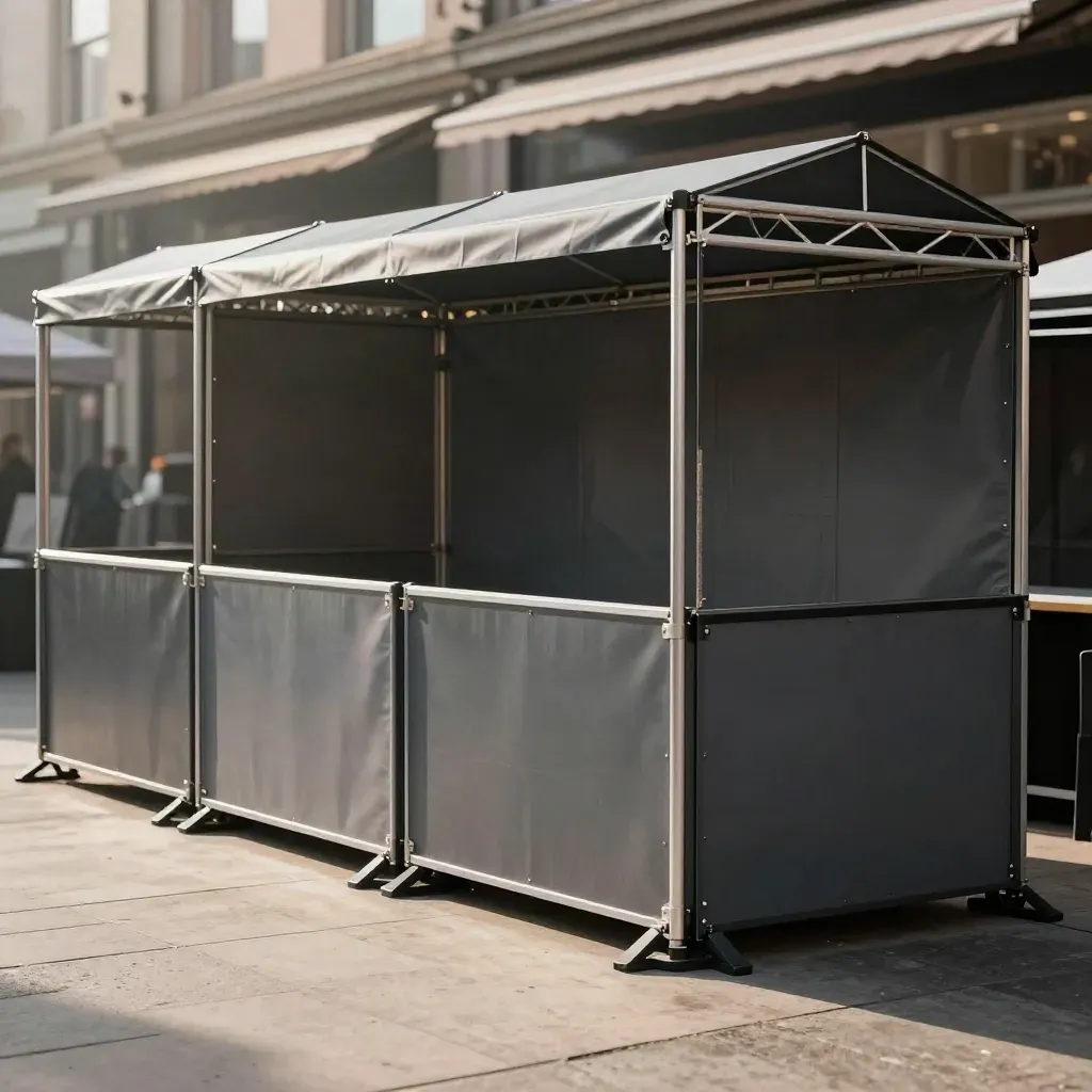 Empty pop-up market setup under a canopy with barriers, cable covers, and stage truss.