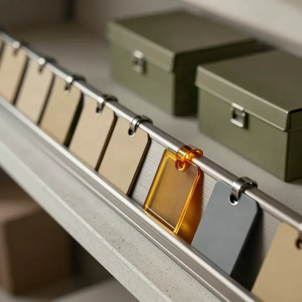 Clipped permit tags on a steel rail, one amber marker moved forward