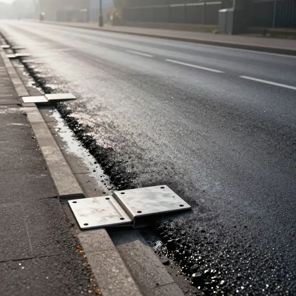 Fresh road repair with flush steel covers and wet tarmac beside a quiet curb.