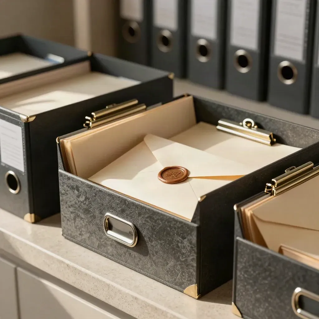 Tabbed dossier boxes, archival clips and a sealed envelope on brushed stone, softly lit overhead.
