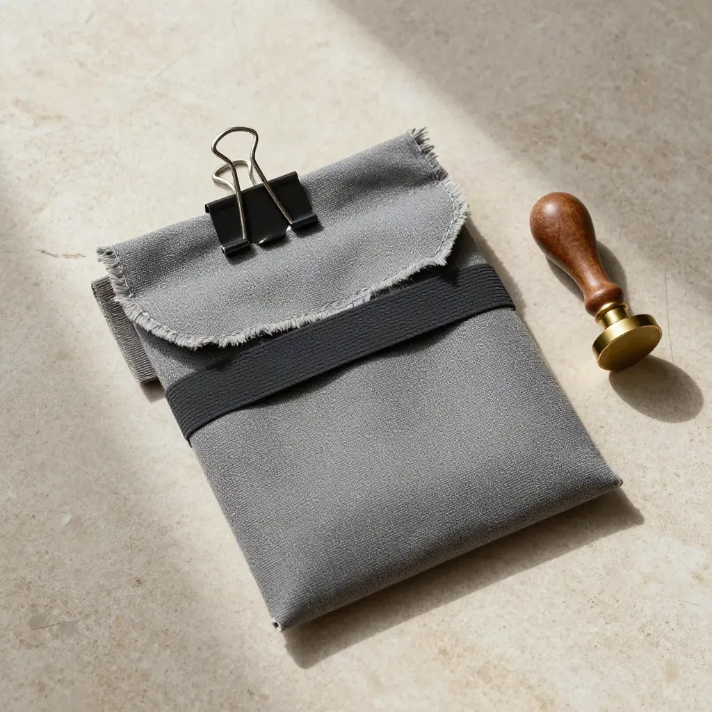 Overhead canvas pouch cinched with clip and stamp on stone, ready for dispatch.