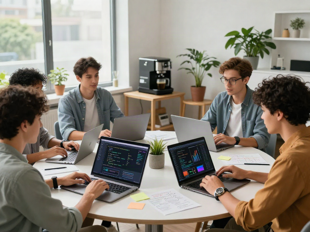 Collaborative tech team discussing spicy ai solutions in a modern workspace.